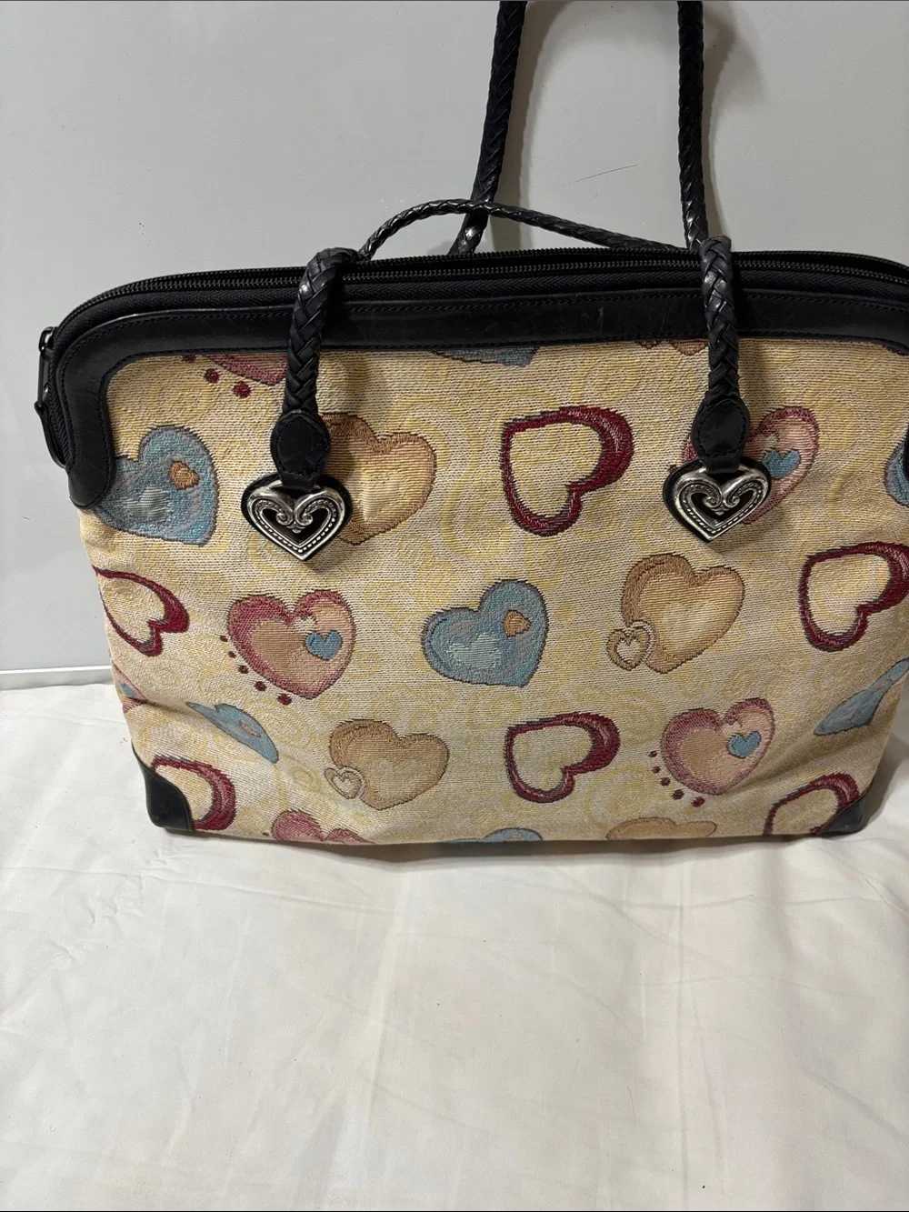 Vintage Brighton Beige Heart-Print Tote with Black leather Trim.